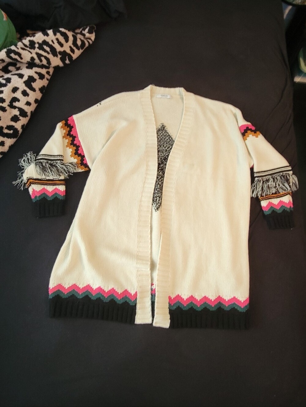 Simply Be Cream Open-Front Cardigan with Pink, Green and Black Accents
